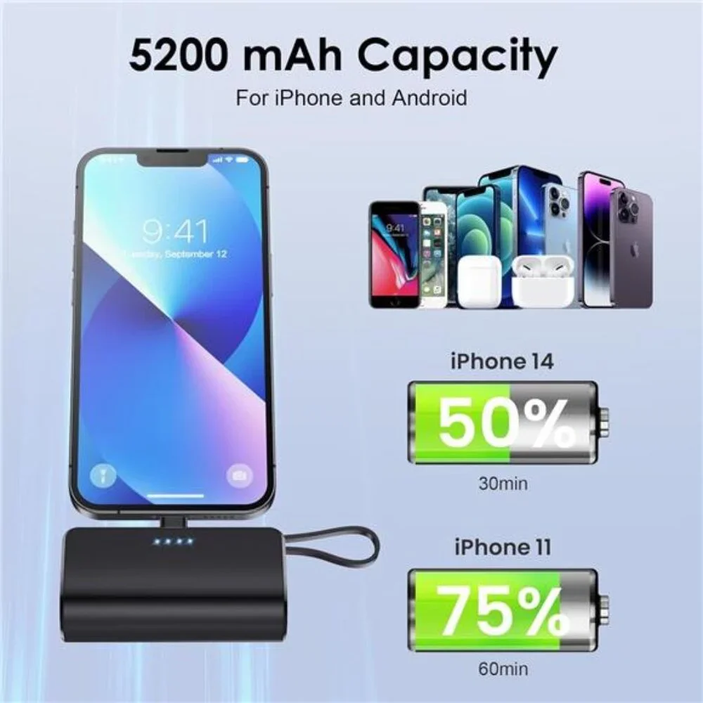 Small Portable Charger 5200 mAh Ultra-Compact Power Bank with Built-in Cable
